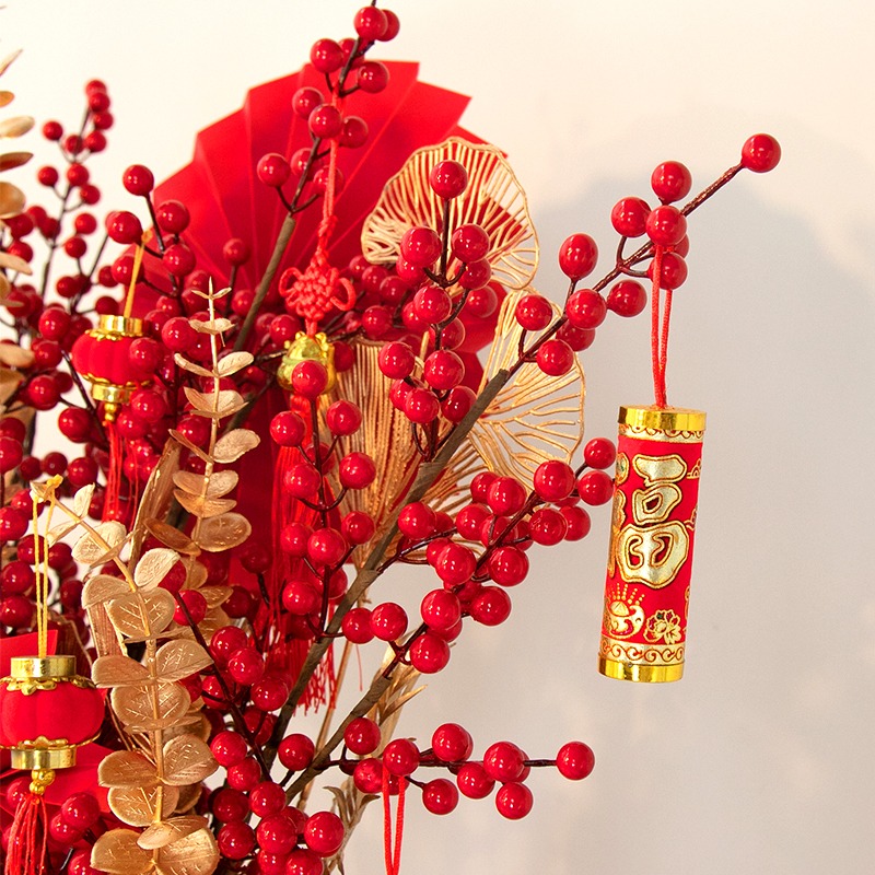 仿真北美冬青紅果年宵福桶裝飾材料仿真冬青多頭居家裝飾-細節圖4