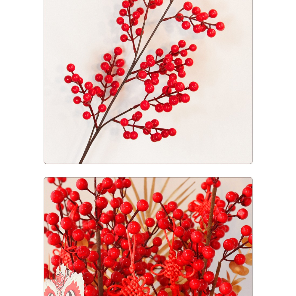 仿真北美冬青紅果年宵福桶裝飾材料仿真冬青多頭居家裝飾-細節圖9