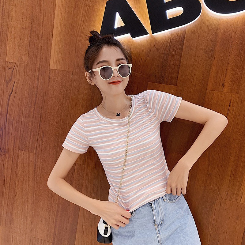 泫雅風彩虹條紋T恤女新款圓領修身顯瘦短款針織衫氣質百搭夏-細節圖3