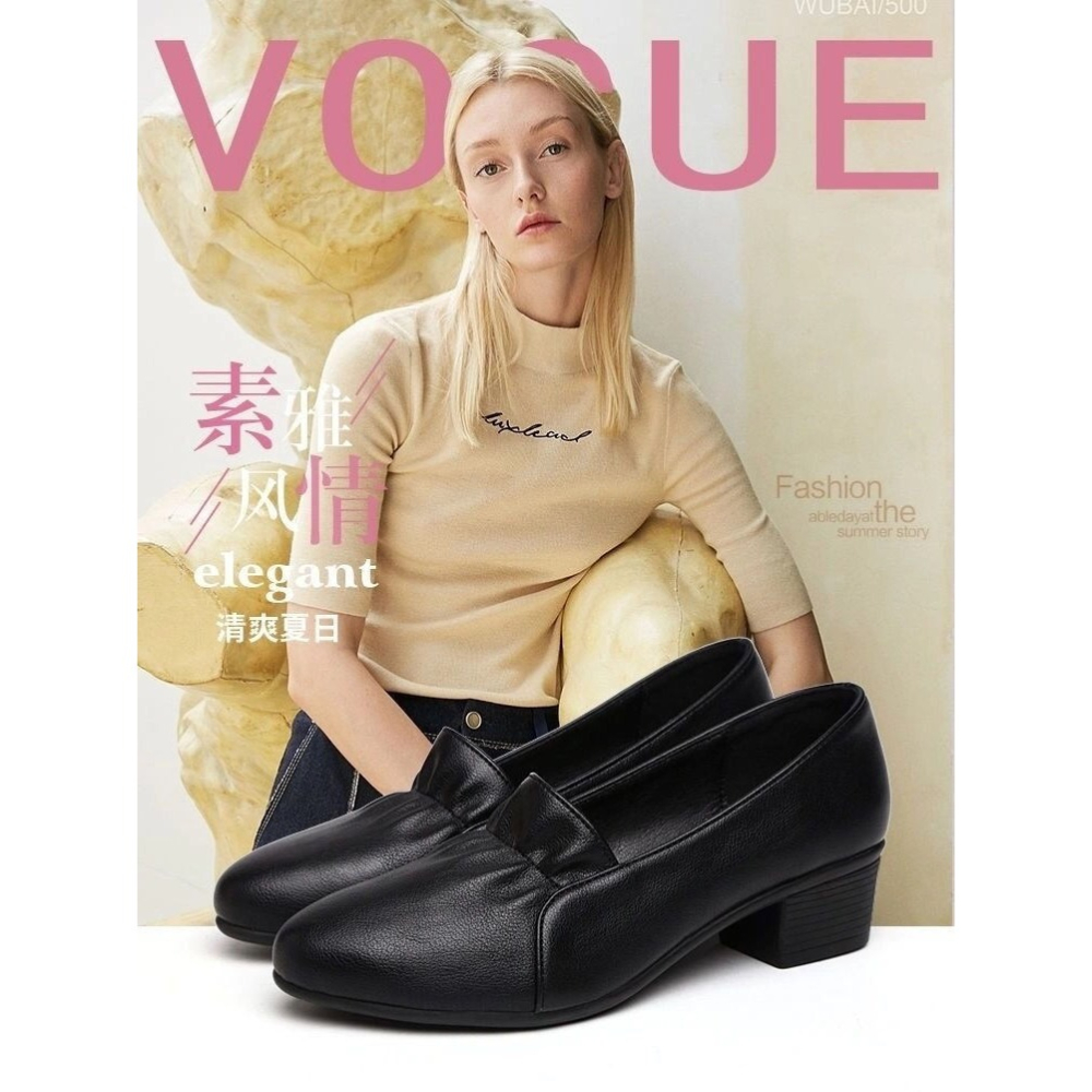 單鞋女2022新款真軟皮尖頭平底軟底不累腳粗跟黑色職業工作媽媽鞋-細節圖6