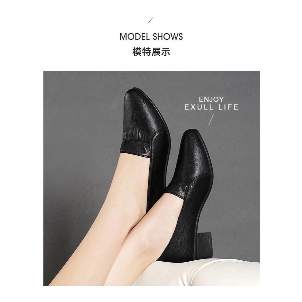 單鞋女2022新款真軟皮尖頭平底軟底不累腳粗跟黑色職業工作媽媽鞋-細節圖8