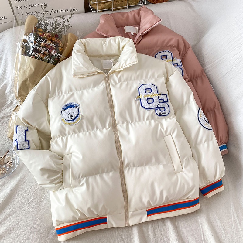 小個子立領麪包服女新款冬季小熊印花設計感加厚棉衣外套潮-細節圖2