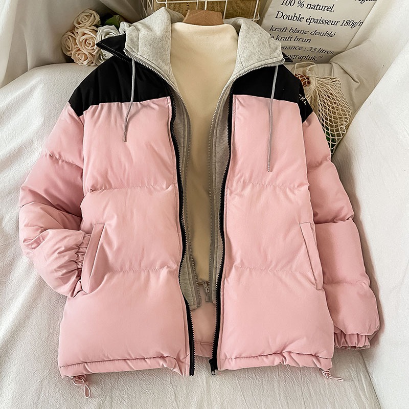 粉色加厚小眾棉服外套女新款韓系冬裝麪包服棉衣假兩件棉襖-細節圖2