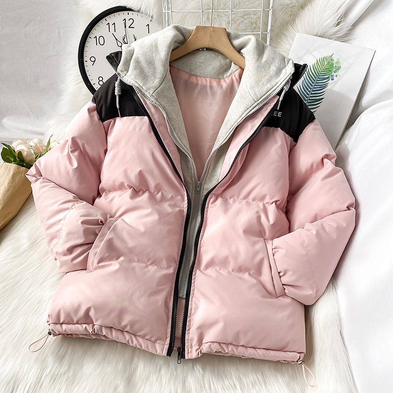 粉色假兩件加厚ins港風爆款棉服女新款冬季麪包服外套棉襖-細節圖2