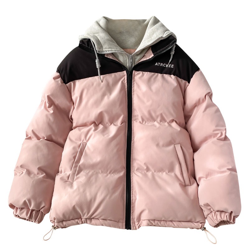 粉色假兩件加厚ins港風爆款棉服女新款冬季麪包服外套棉襖-細節圖5