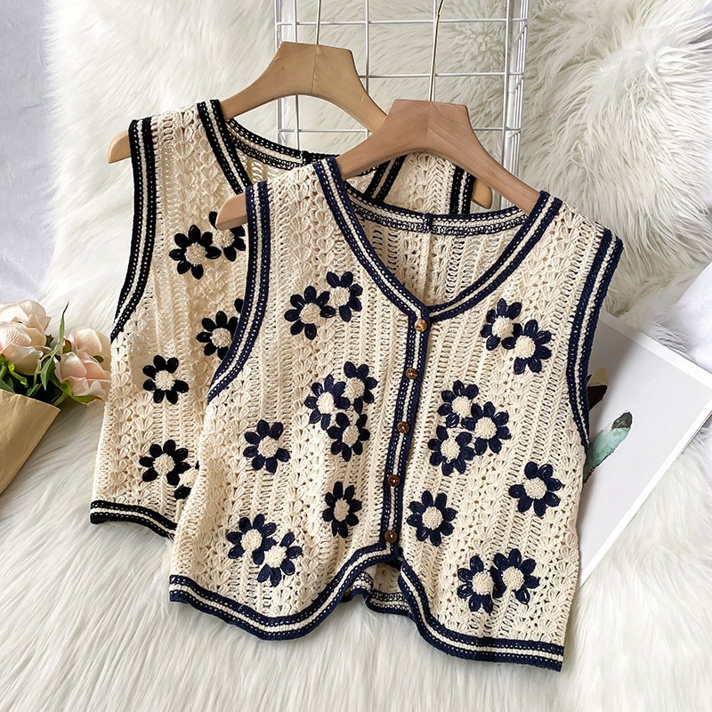 刺繡鏤空V領短款外搭背心馬甲女新款春秋季外穿百搭馬夾潮-細節圖2