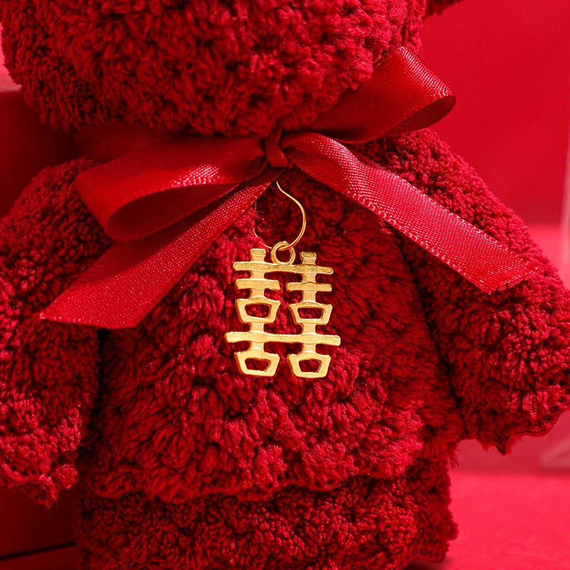 毛巾結婚婚禮伴手禮情侶酒紅色吸水小熊毛巾婚慶禮盒喜字回禮用品-細節圖3