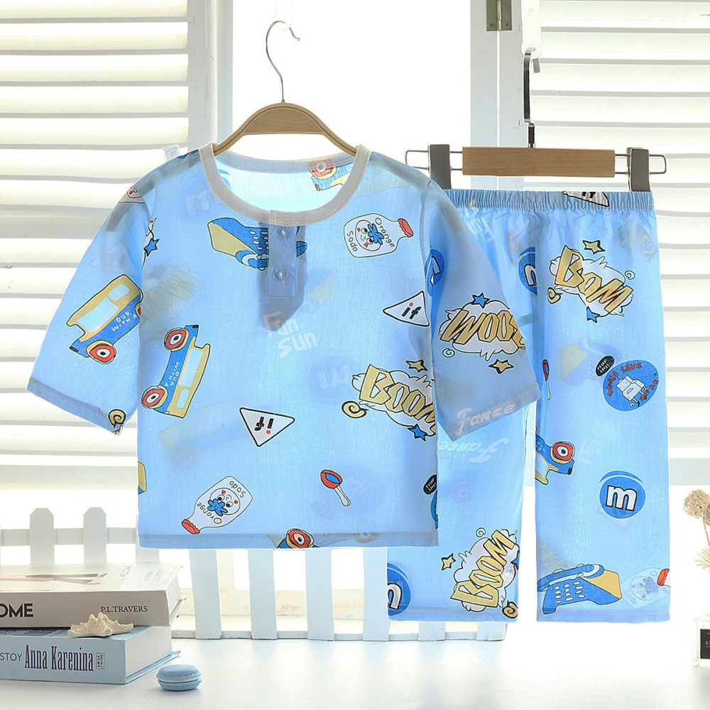 兒童棉綢睡衣套裝夏季女童七分袖中大童薄款家居服綿綢空調服童裝-細節圖3