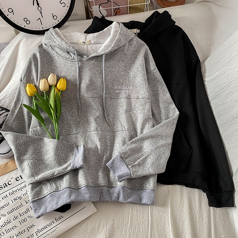 加厚加絨衛衣女新款秋冬季設計感小眾連帽上衣灰色寬松外套-細節圖2