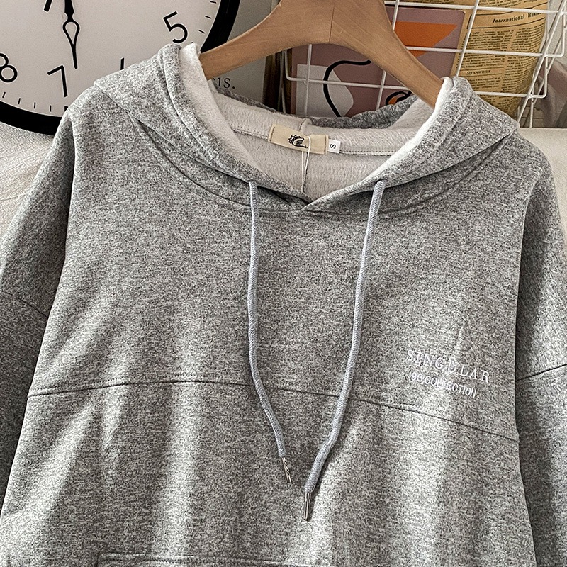 加厚加絨衛衣女新款秋冬季設計感小眾連帽上衣灰色寬松外套-細節圖4