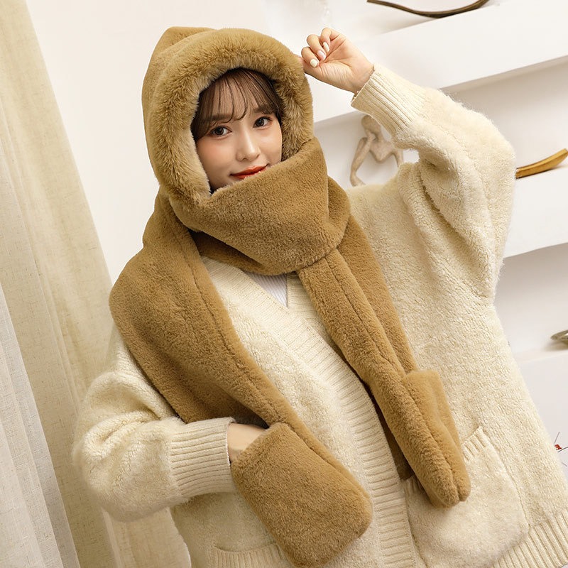帽子2021新款加厚圍巾一體女秋冬連帽圍脖韓版甜美可愛保暖三件套-細節圖3