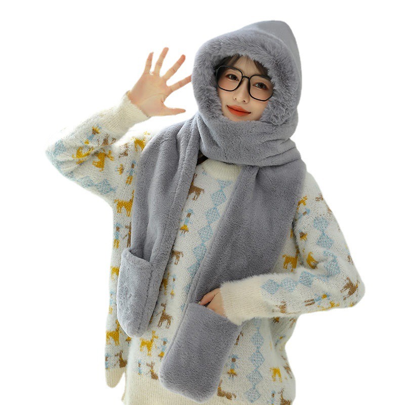 帽子2021新款加厚圍巾一體女秋冬連帽圍脖韓版甜美可愛保暖三件套-細節圖4