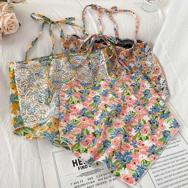 美背碎花小吊帶女夏辣妹內搭外穿性感無袖背心甜辣風肚兜掛脖上衣-細節圖2