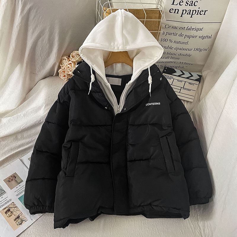 小個子連帽棉服女新款冬季麪包服假兩件加厚羽絨棉衣小棉襖-細節圖2