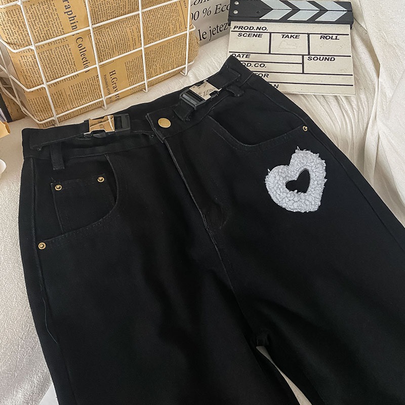 寬松愛心黑色牛仔褲女新款秋冬設計感小眾高腰闊腿褲ins潮-細節圖3
