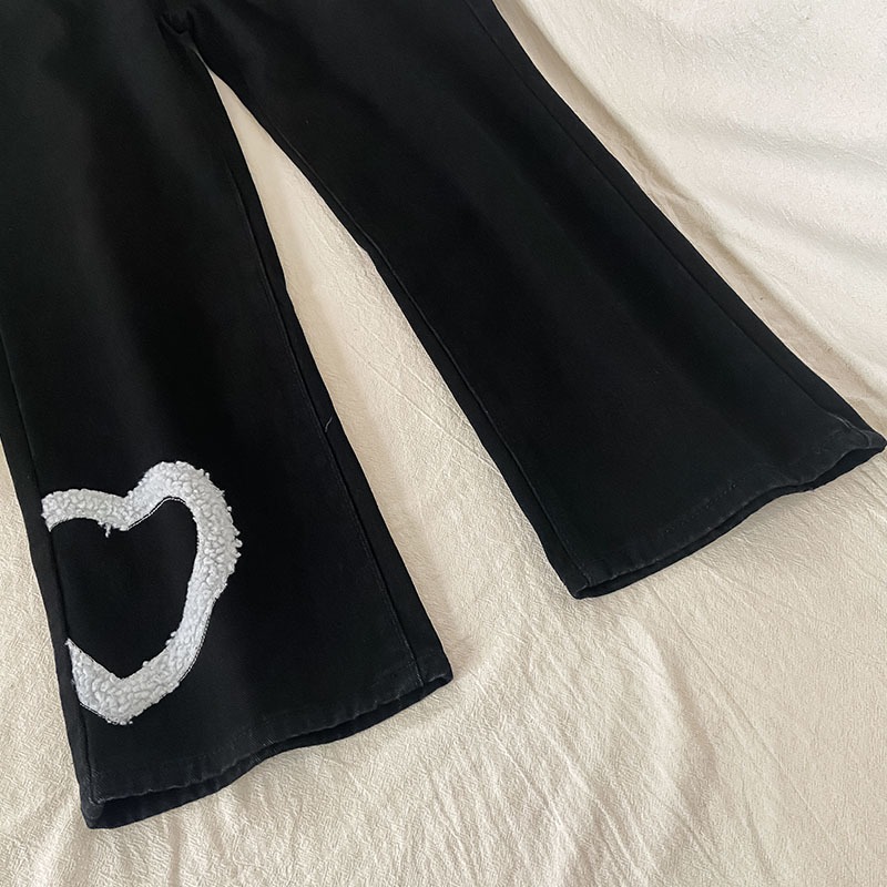 寬松愛心黑色牛仔褲女新款秋冬設計感小眾高腰闊腿褲ins潮-細節圖4