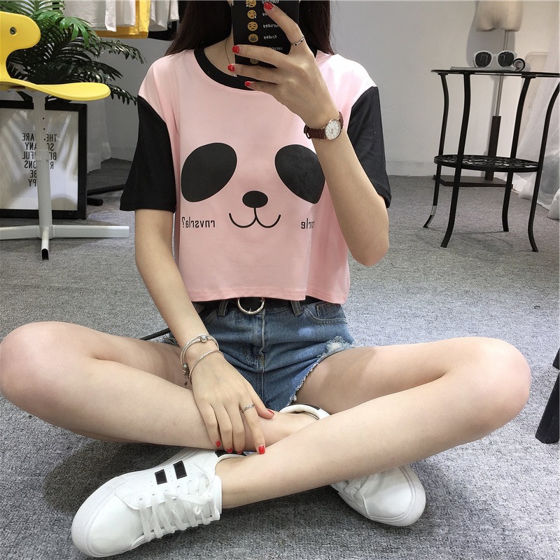 露臍超短款高腰寬松上衣新款夏肚臍裝配闊腿褲短袖t恤女裝-細節圖3