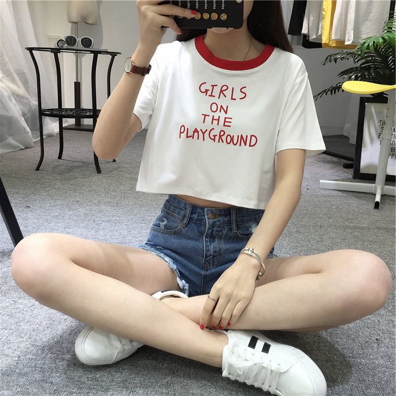 露臍超短款高腰寬松上衣新款夏肚臍裝配闊腿褲短袖t恤女裝-細節圖4