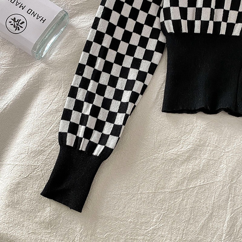 棋盤格短款開衫外套上衣女新款秋冬爆款軟糯打底針織衫毛衣-細節圖3