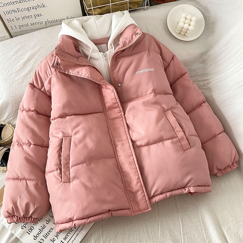 連帽羽絨棉服女新款冬季設計感小眾麪包服粉色假兩件小棉襖-細節圖2