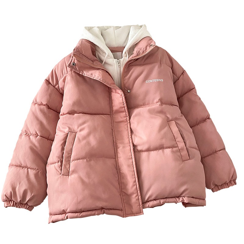 連帽羽絨棉服女新款冬季設計感小眾麪包服粉色假兩件小棉襖-細節圖4