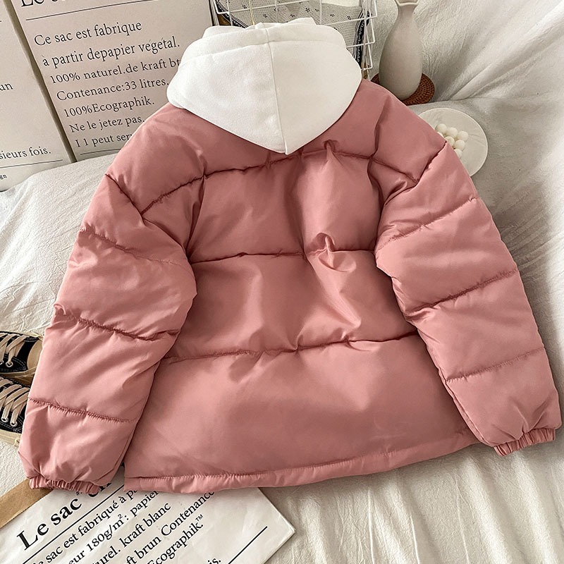 連帽羽絨棉服女新款冬季設計感小眾麪包服粉色假兩件小棉襖-細節圖5