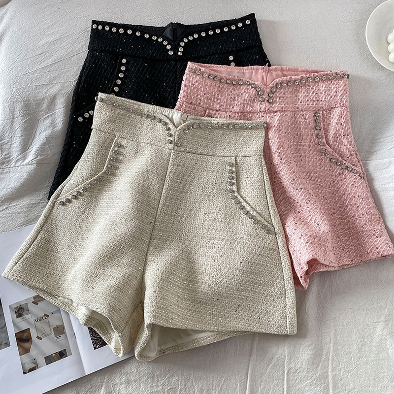 高腰鑲鉆休閑褲女新款秋冬季白色御姐風氣質顯瘦a字短褲子-細節圖2