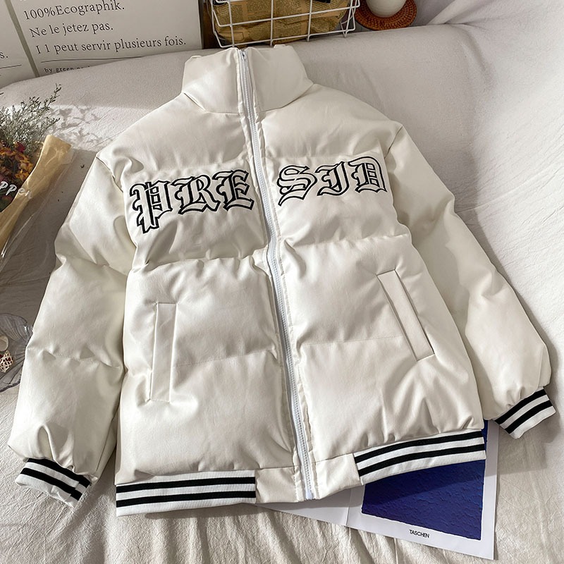 美式PU皮字母刺繡棉服女新款冬季小眾設計感加厚棉襖外套潮-細節圖2