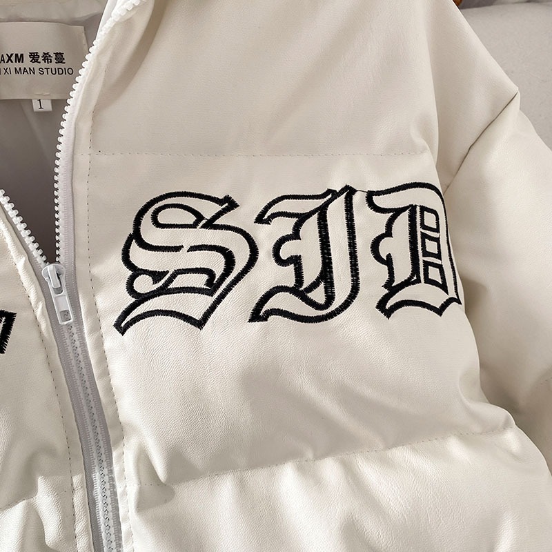 美式PU皮字母刺繡棉服女新款冬季小眾設計感加厚棉襖外套潮-細節圖3