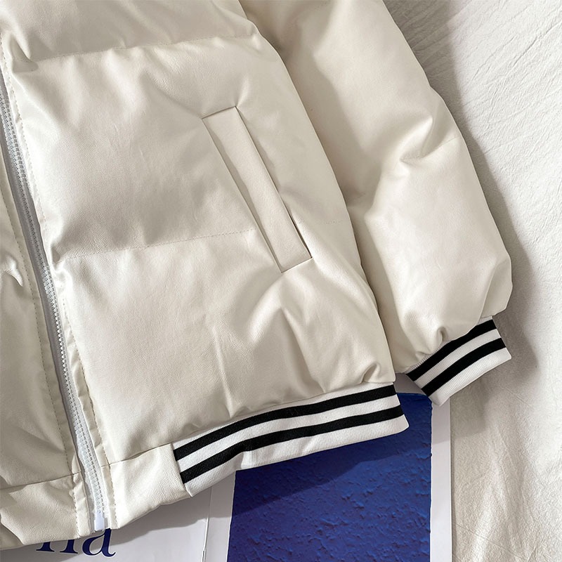美式PU皮字母刺繡棉服女新款冬季小眾設計感加厚棉襖外套潮-細節圖4