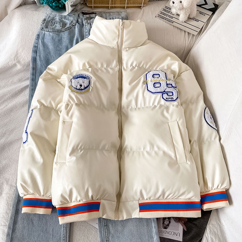 潮牌米白色立領麪包服女新款冬季韓系寬松加厚保暖棉衣外套-細節圖2
