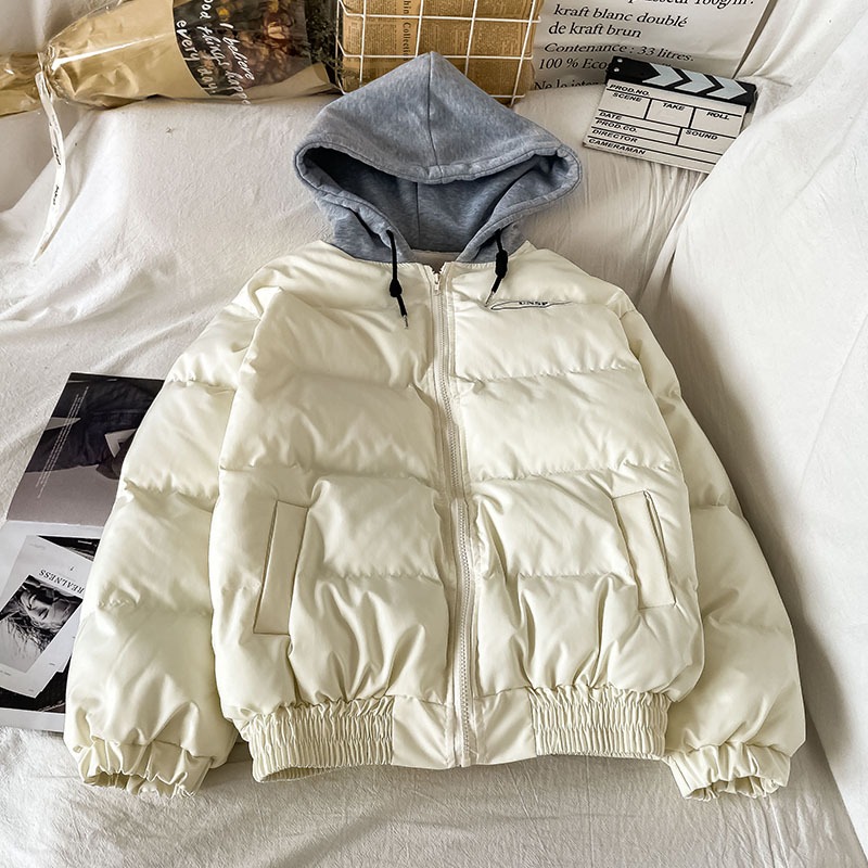 小個子假兩件連帽棉服女新款冬季韓系加厚寬松棉襖外套ins-細節圖2