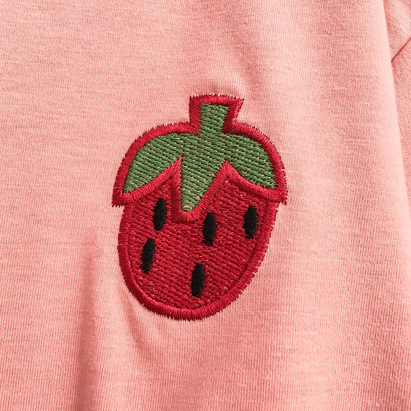 小個子顯高套裝bm女孩洋氣刺繡小草莓短袖t恤搭配格子半身裙短裙-細節圖3