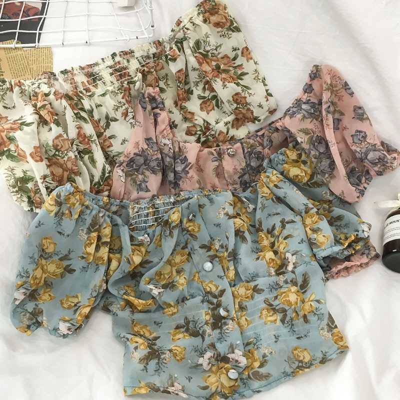 港風襯衫女設計感小眾輕熟夏季薄款碎花方領襯衣泡泡短袖上衣-細節圖2