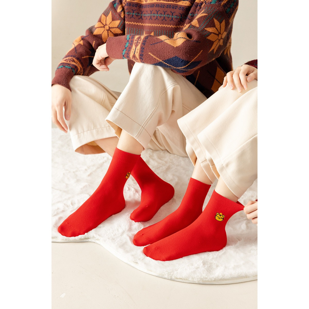 本命年大紅襪子男女情侶襪純棉中筒春秋保暖襪招財貓刺繡虎年結婚-細節圖7