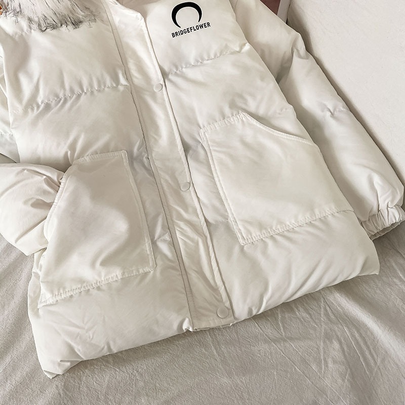 白色中長款毛領棉服女新款冬季薄款外套棉襖設計感小眾棉衣-細節圖4