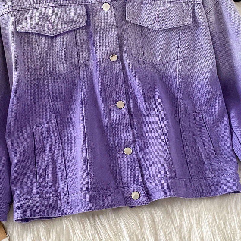 紫色復古港風牛仔外套女新款秋冬設計感小眾棒球服襯衫夾克-細節圖4