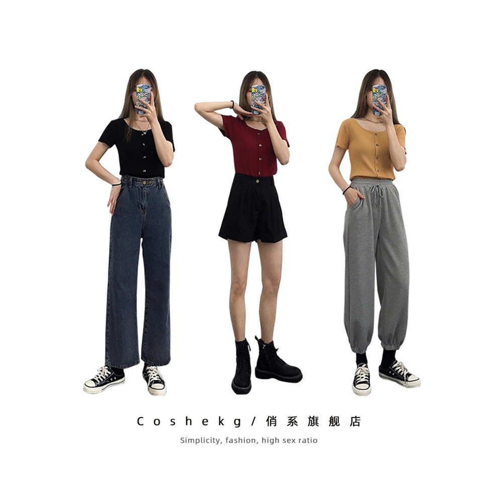 新款夏裝短款上衣服配高腰褲方領冰絲薄款針織衫 短袖T恤女-細節圖2