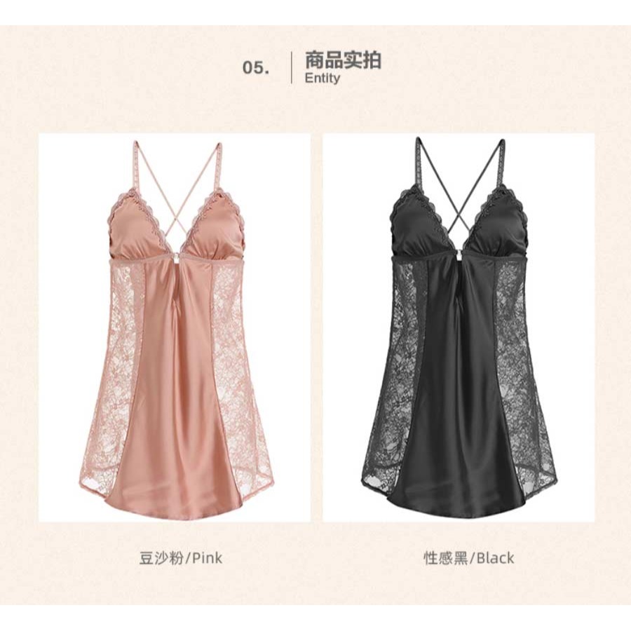 性感睡衣女夏季V領前扣短裙透明蕾絲睡袍吊帶睡裙春秋家居服套裝-細節圖4
