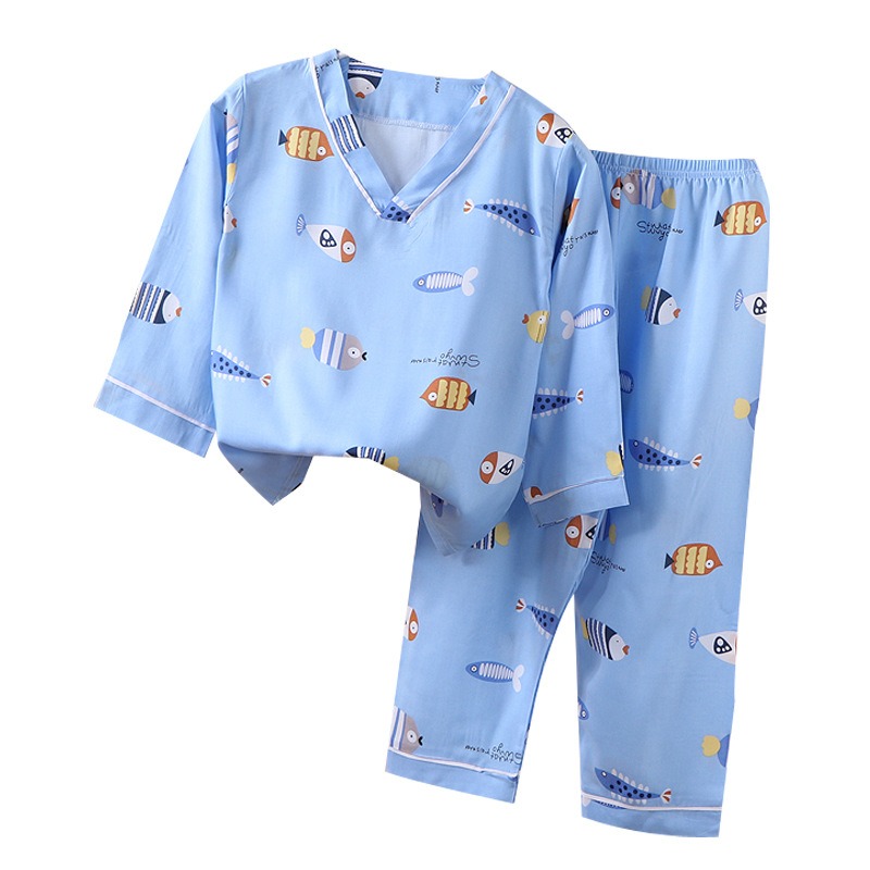 兒童睡衣2022夏季新款薄款小孩空調服綿綢家居服套裝綿綢純色印花-細節圖4