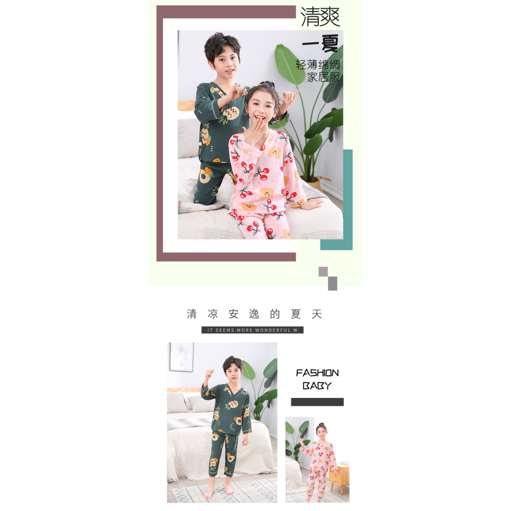 兒童睡衣2022夏季新款薄款小孩空調服綿綢家居服套裝綿綢純色印花-細節圖5