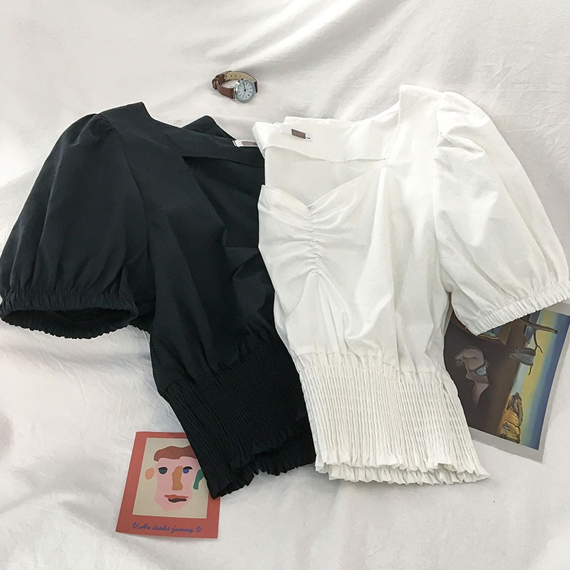 新款夏季白色超火短款上衣女港風高腰露臍衣服 泡泡短袖t恤-細節圖2