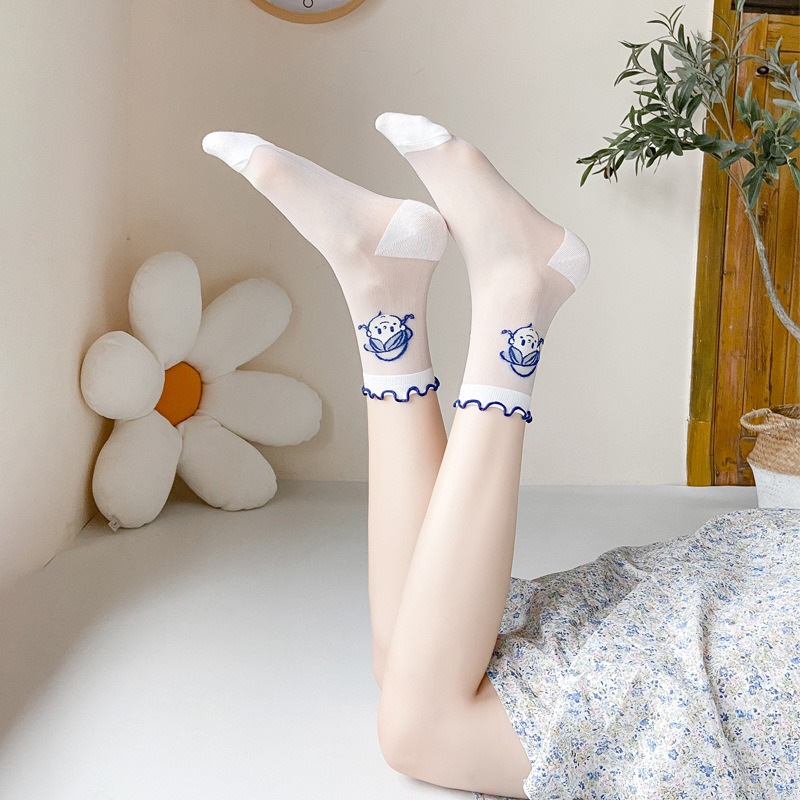 夏季ins超薄款透氣短襪子女jk花邊玻璃絲襪冰絲水晶襪中筒襪可愛-細節圖3