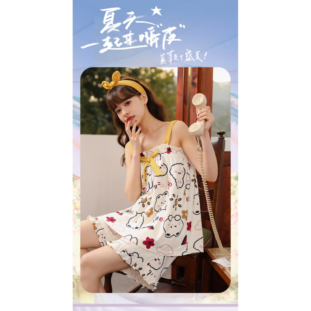 保羅2022年夏季新款睡衣吊帶可愛性感無袖棉質薄款女生家居服套裝-細節圖5