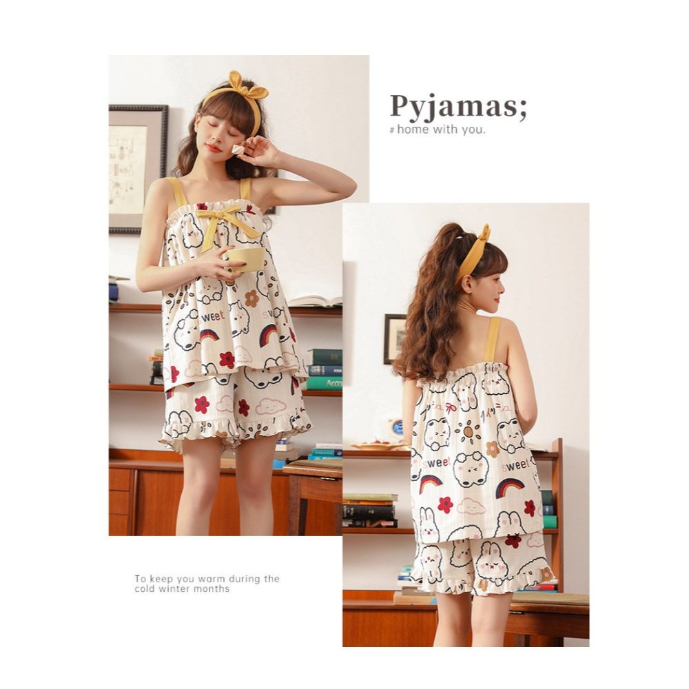 保羅2022年夏季新款睡衣吊帶可愛性感無袖棉質薄款女生家居服套裝-細節圖8