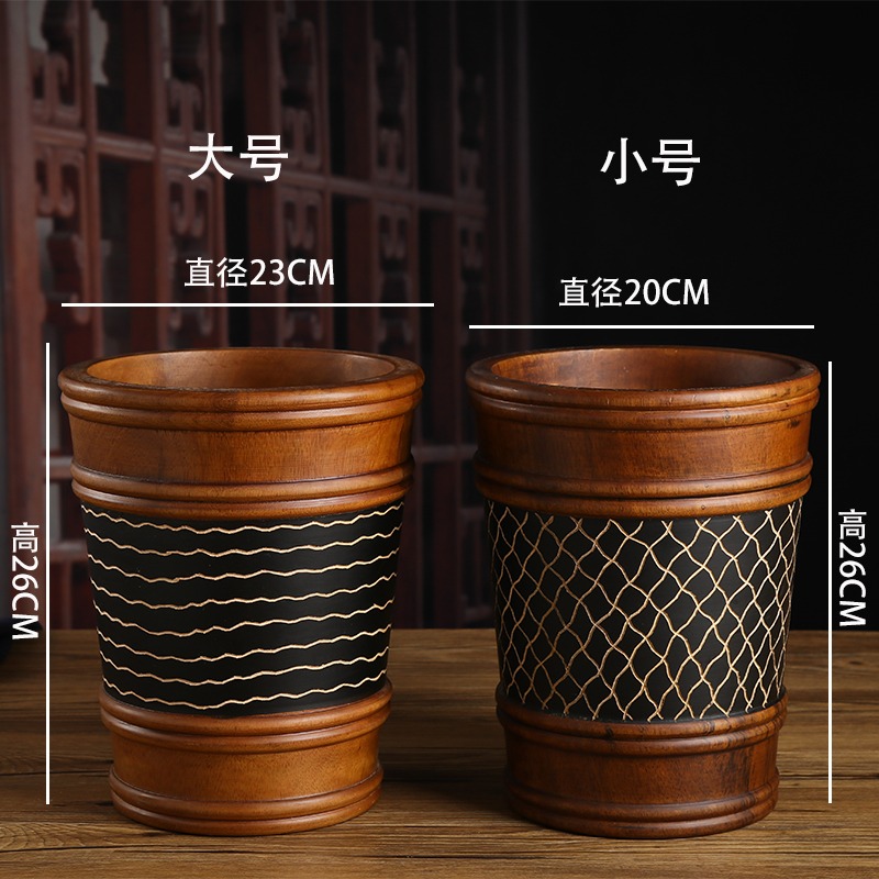 泰國實木質鏤空雕花垃圾桶復古家用客廳創意衛生間垃圾簍圓形紙簍-細節圖3