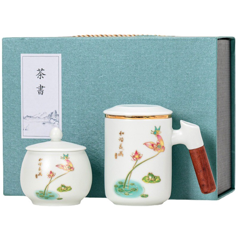 中國風陶瓷泡茶杯白瓷帶茶濾馬克杯中式木把國潮杯子辦公杯伴手禮-細節圖2
