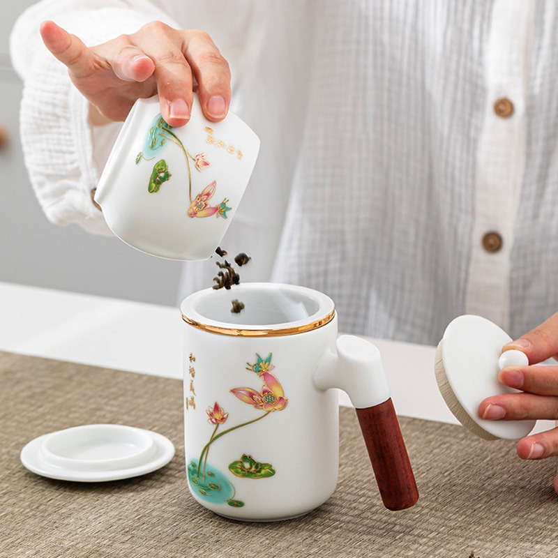 中國風陶瓷泡茶杯白瓷帶茶濾馬克杯中式木把國潮杯子辦公杯伴手禮-細節圖3