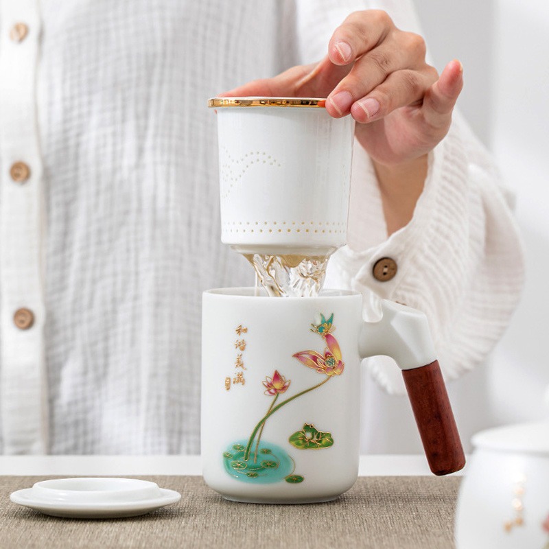 中國風陶瓷泡茶杯白瓷帶茶濾馬克杯中式木把國潮杯子辦公杯伴手禮-細節圖4