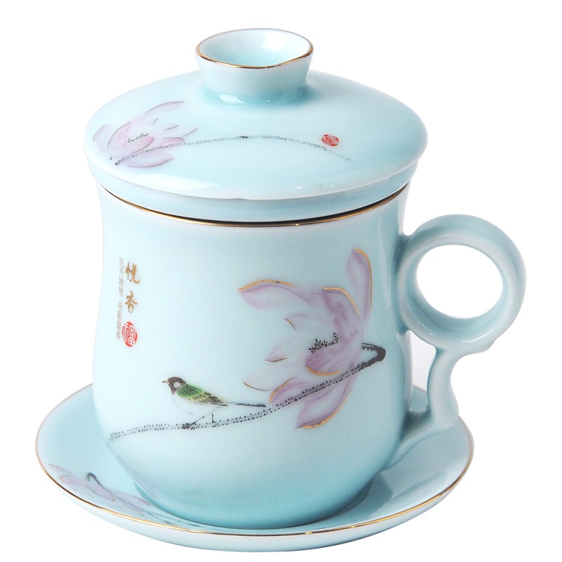 陶瓷泡茶杯辦公室喝水杯景德鎮青瓷茶漏杯馬克杯帶蓋杯子男個人杯-細節圖2